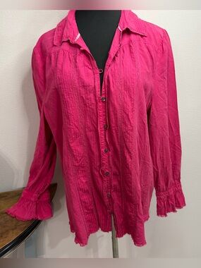 Sundance Hot Pink Bohemian Style Button Down Ruffled Sleeved Shirt Size XL